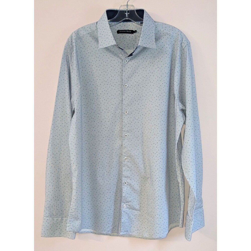 Stone Rose Men's XL Button Down Dress Shirt Lt Blue Dk Blue Geometric Pattern